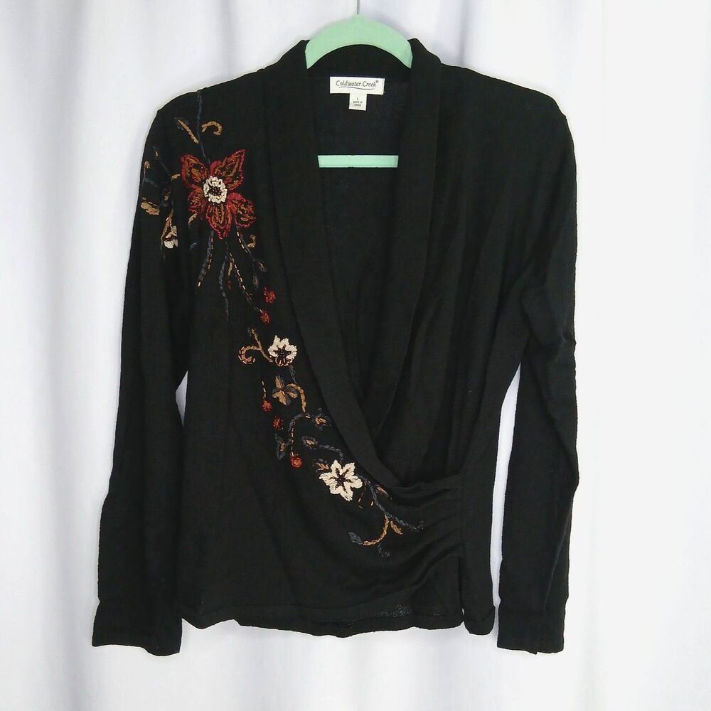 Coldwater Creek Faux Wrap Blouse Floral Embroidery Pullover Black Womens Large